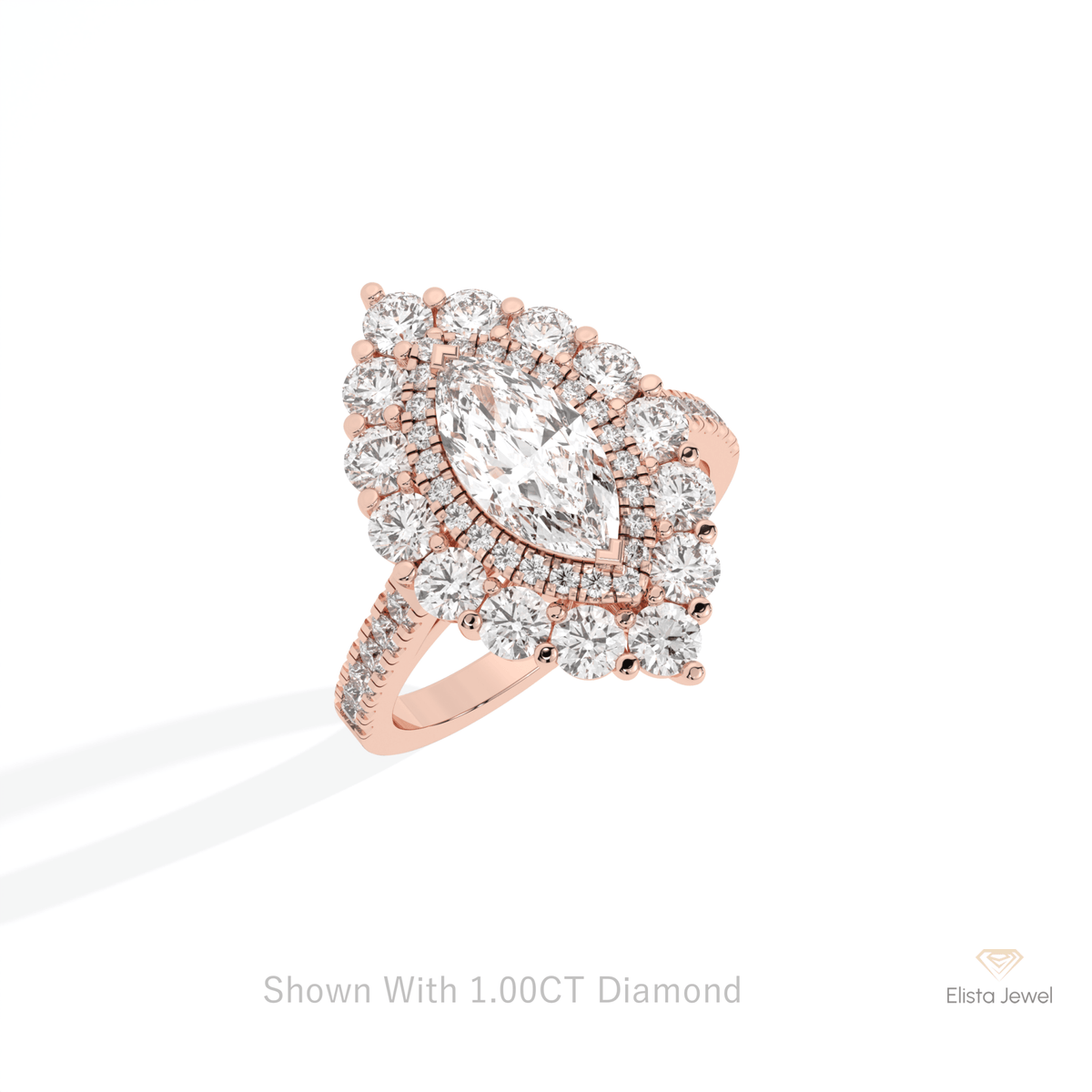 Marquise Cut Double Halo Starburst Lab Grown Diamond Ring in 10K Yellow Gold - Side View