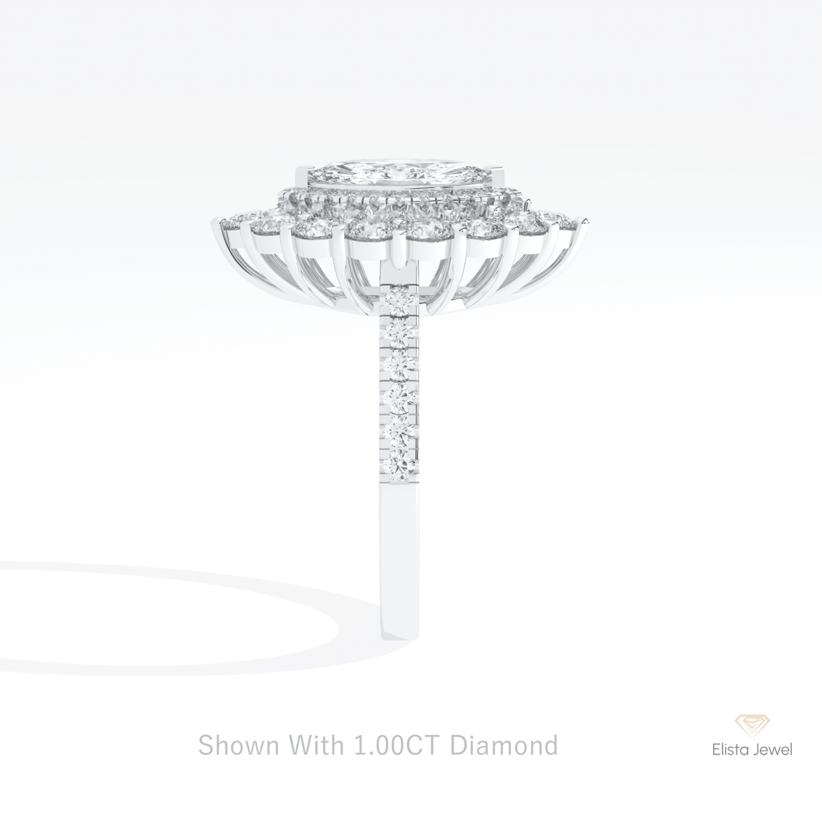 Marquise Cut Double Halo Starburst Lab Grown Diamond Ring in 18K Yellow Gold - Perspective View