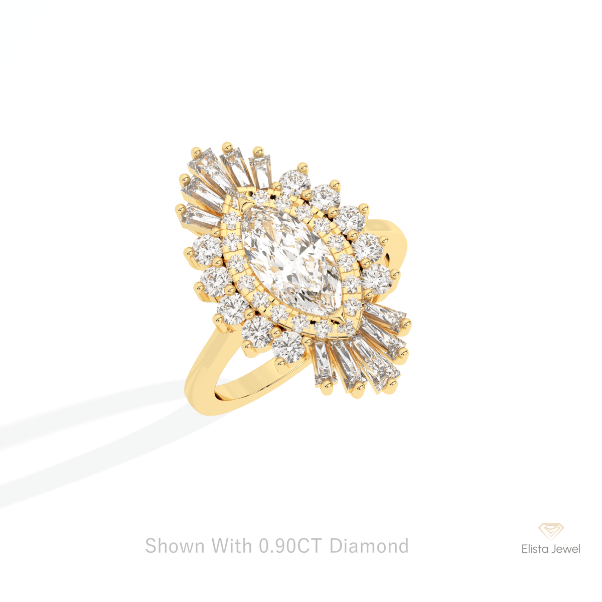 Marquise Cut Halo Starburst Lab Grown Diamond Ring in 10K Yellow Gold - Side View