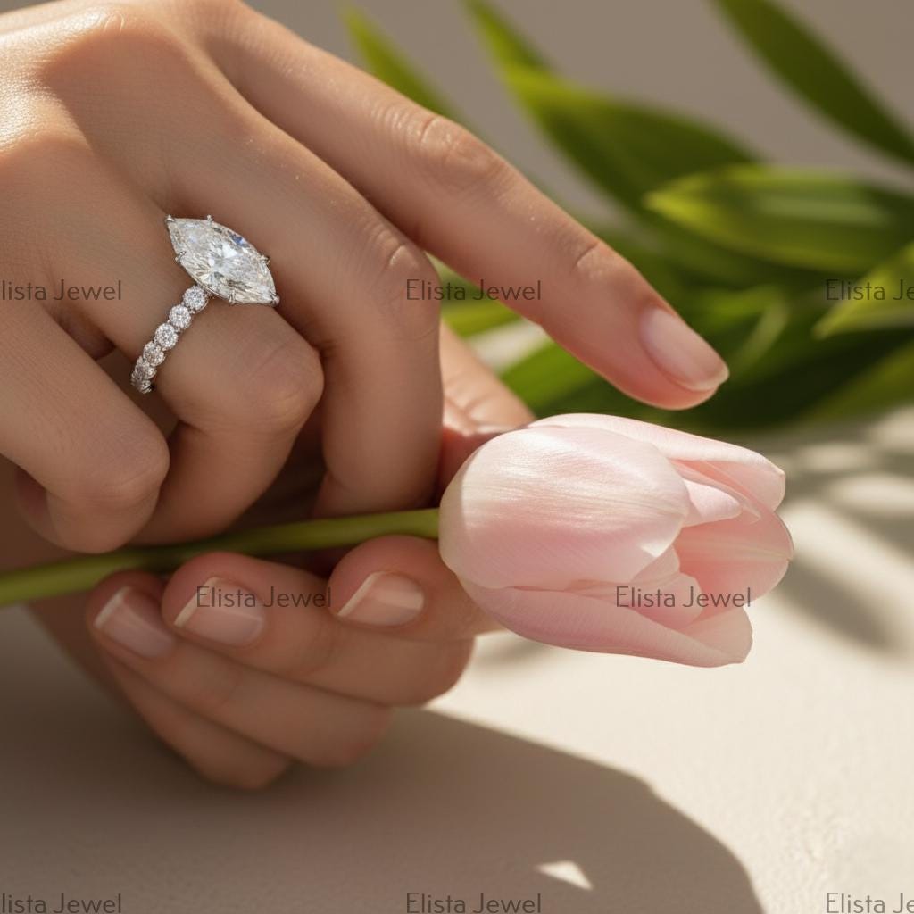 Marquise Lab-Grown Diamond Engagement Ring Pavé Eternity Band Made In 14K Solid White Gold
