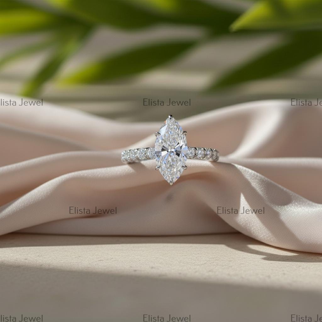 Marquise Lab-Grown Diamond Engagement Ring Pavé Eternity Band Made In 14K Solid White Gold