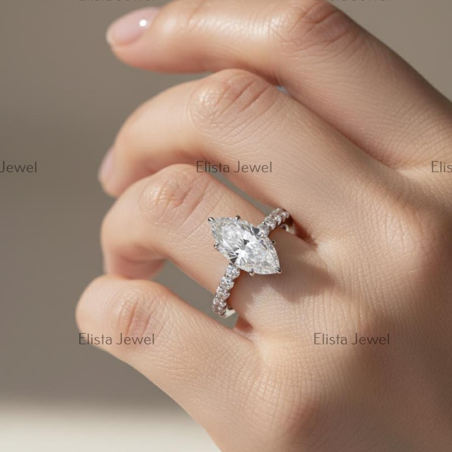 Marquise Lab-Grown Diamond Engagement Ring Pavé Eternity Band Made In 14K Solid White Gold