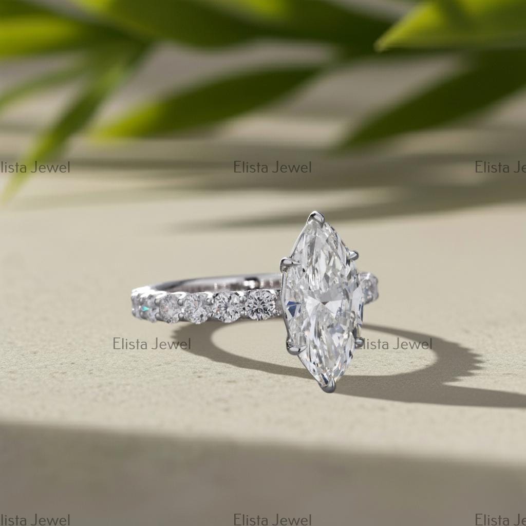 Marquise Lab-Grown Diamond Engagement Ring Pavé Eternity Band Made In 14K Solid White Gold