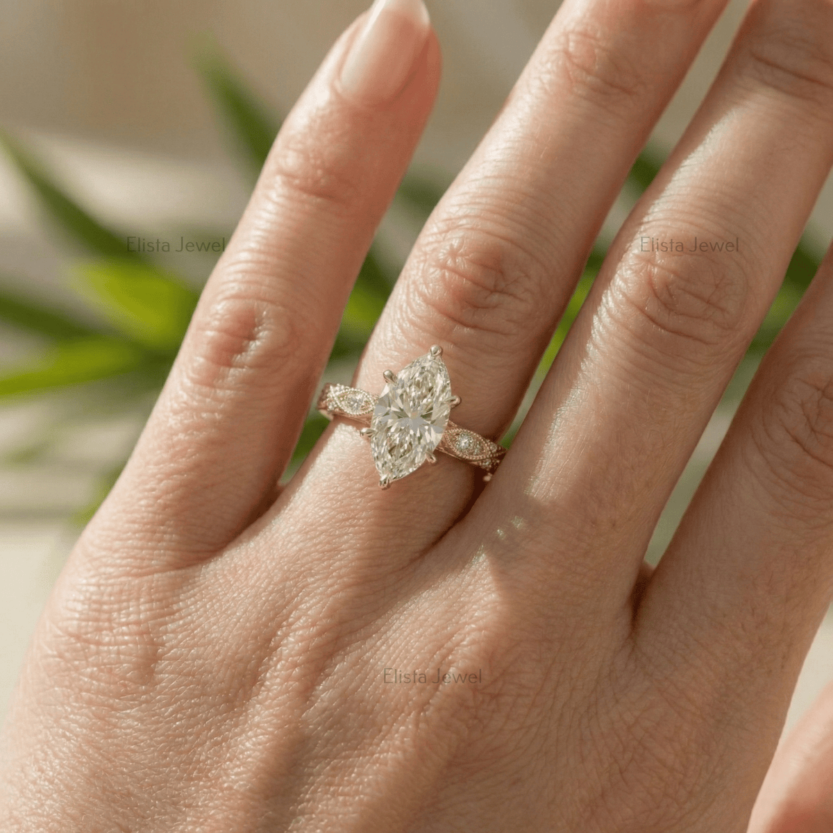 Marquise Lab Grown Diamond 14K Solid Yellow Gold Vintage Engagement Ring
