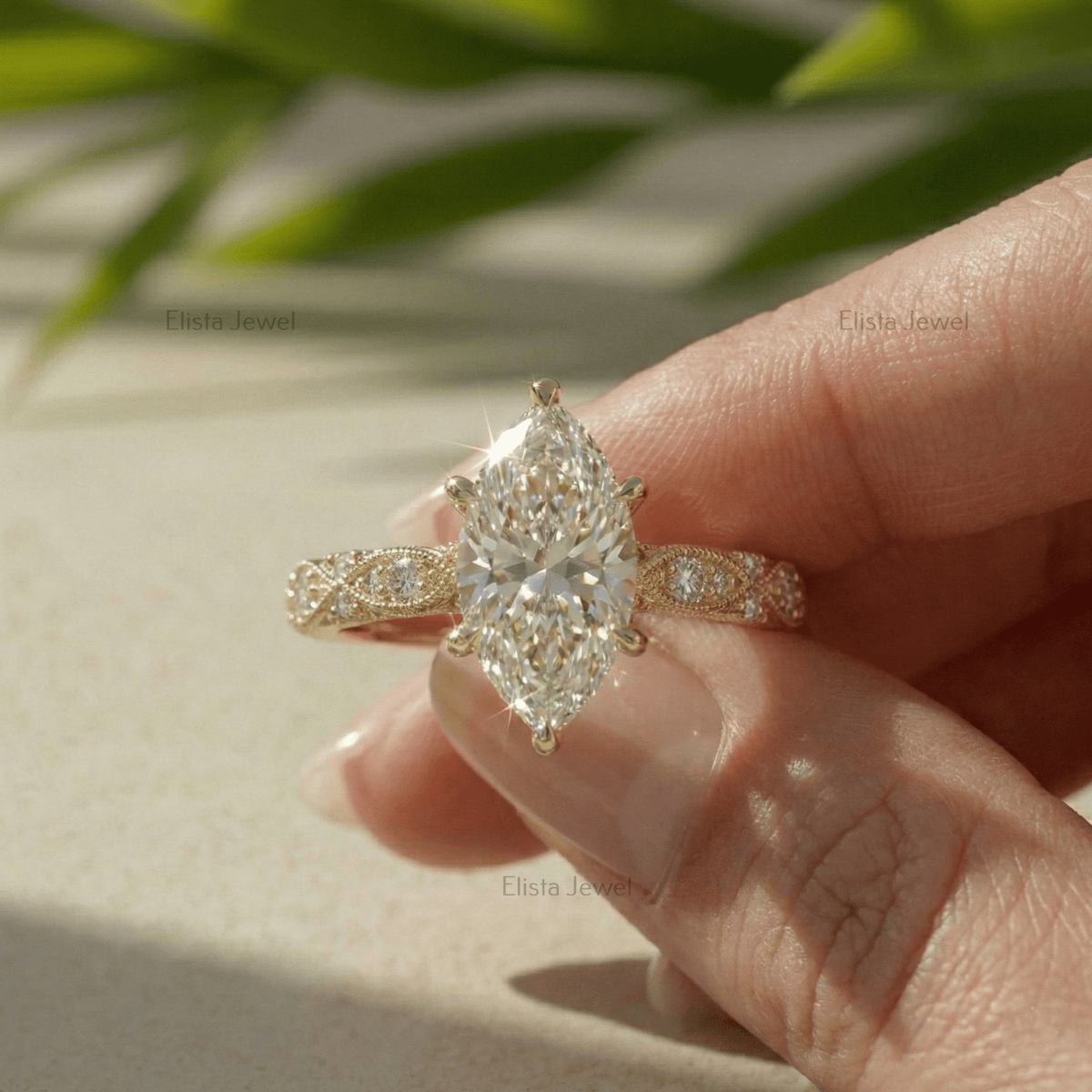 Marquise Lab Grown Diamond 14K Solid Yellow Gold Vintage Engagement Ring