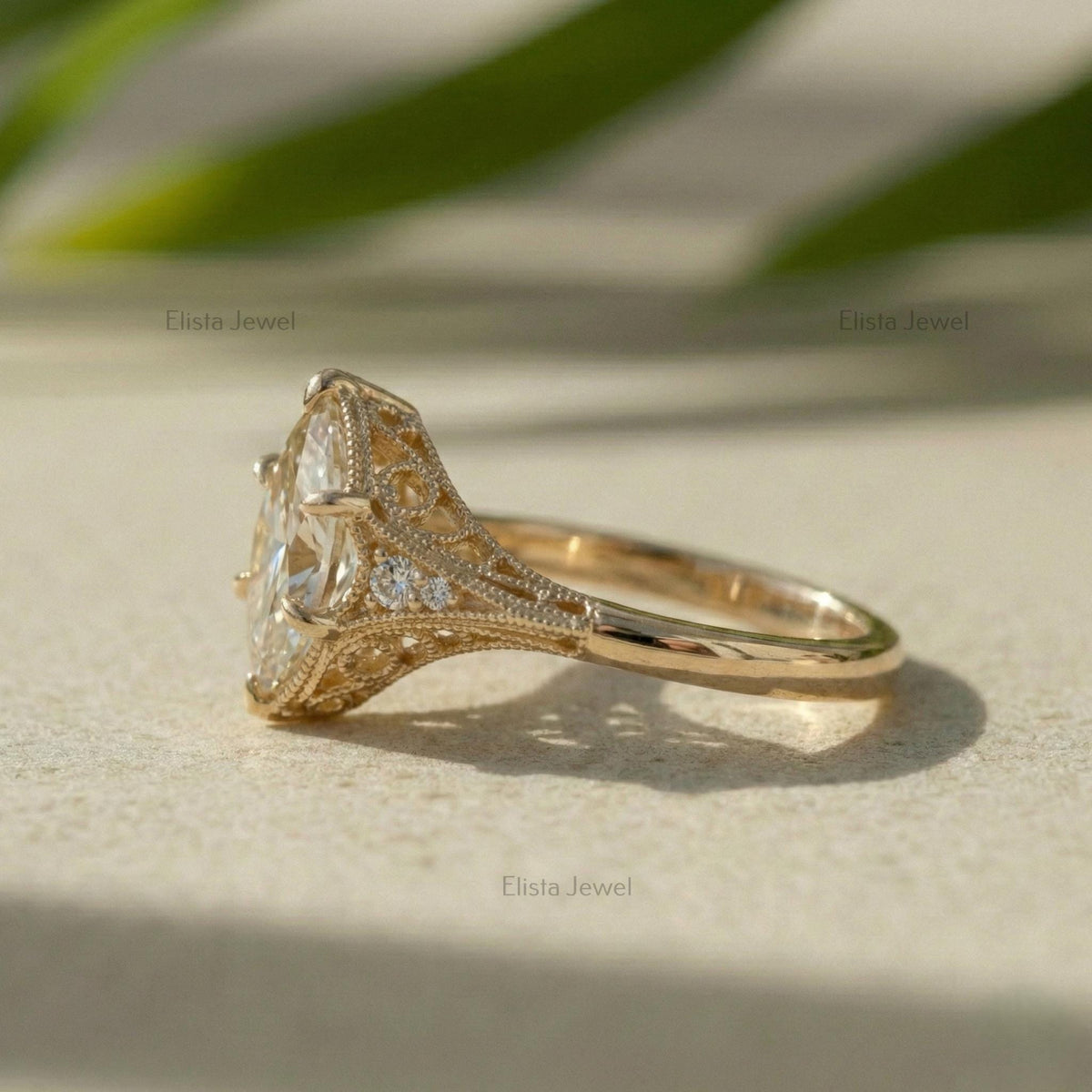 Marquise Lab Grown Diamond 18K Solid Yellow Gold Filigree Engagement Ring
