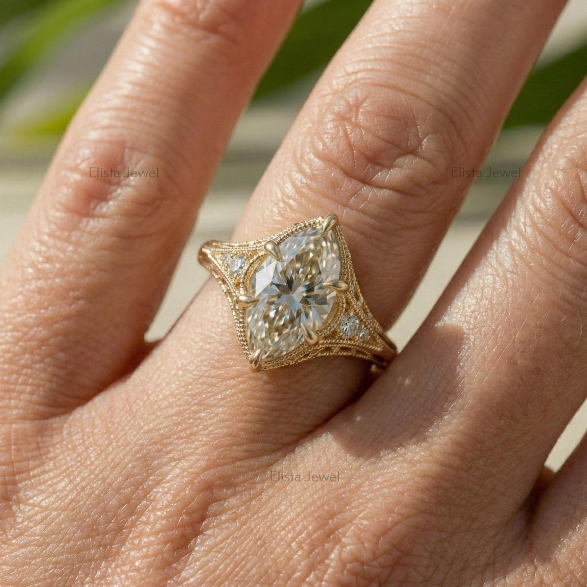 Marquise Lab Grown Diamond 18K Solid Yellow Gold Filigree Engagement Ring