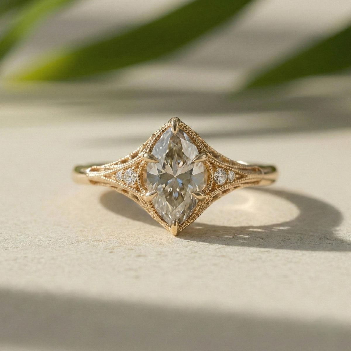 Marquise Lab Grown Diamond 18K Solid Yellow Gold Filigree Engagement Ring
