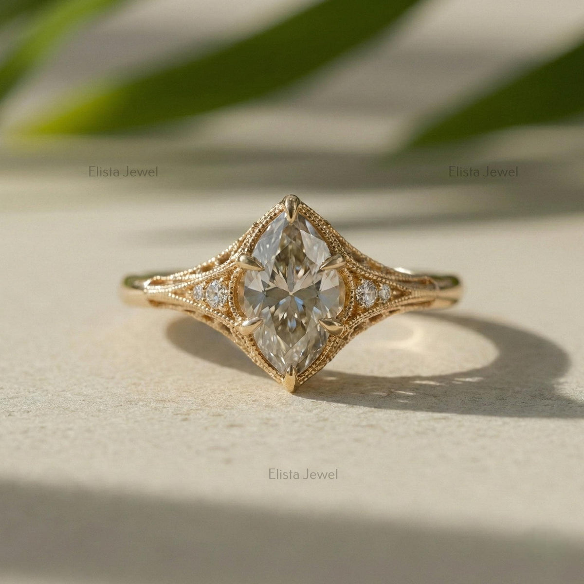 Marquise Lab Grown Diamond 18K Solid Yellow Gold Filigree Engagement Ring