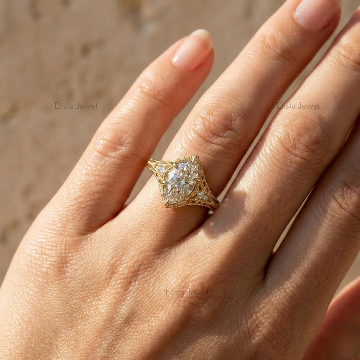 Marquise Lab Grown Diamond 18K Solid Yellow Gold Filigree Engagement Ring