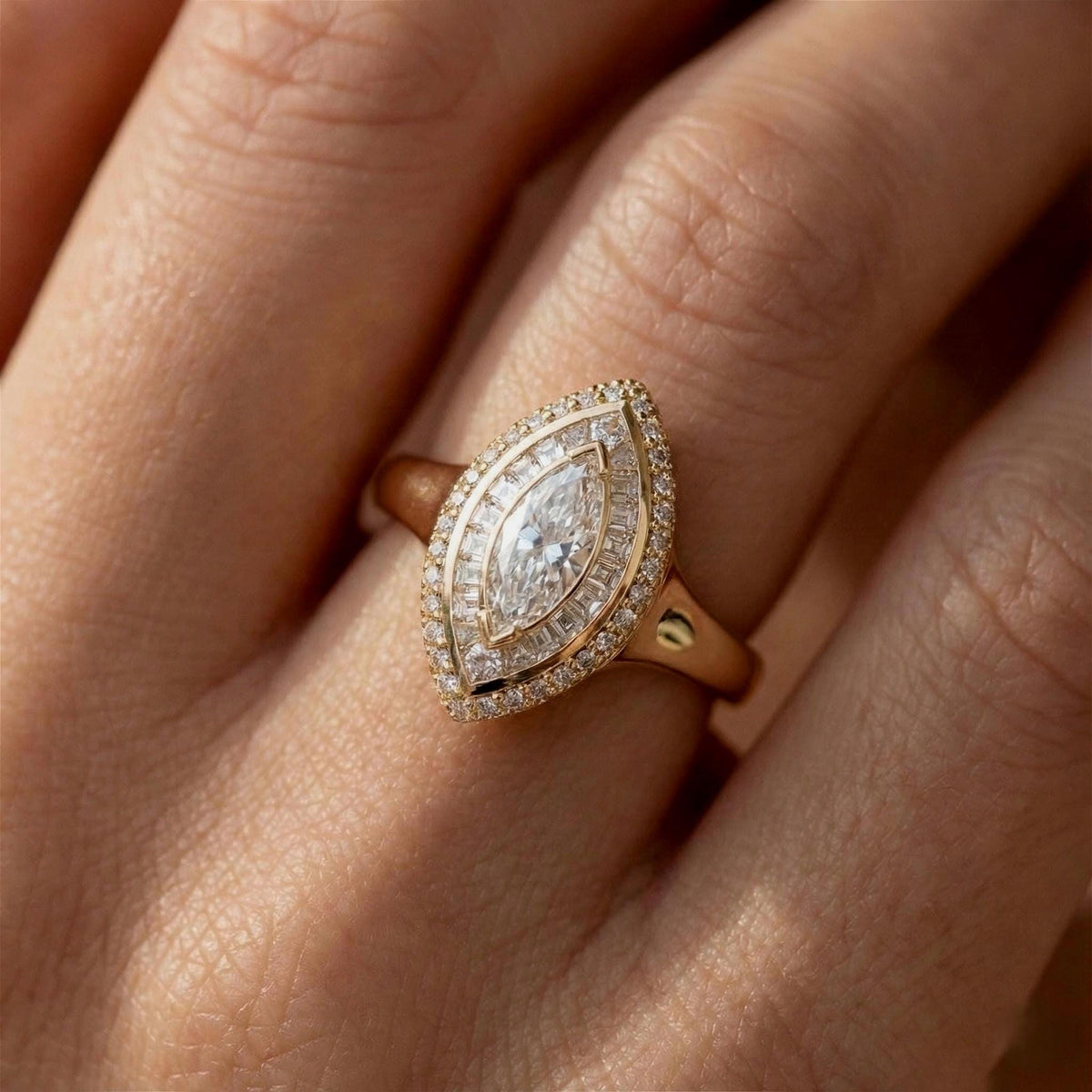 Marquise Lab-Grown Diamond Double Halo Ring, 10K Yellow Gold Art Deco Cocktail Statement