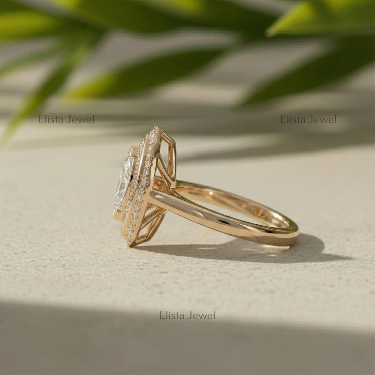 Marquise Lab-Grown Diamond Double Halo Ring, 10K Yellow Gold Art Deco Cocktail Statement