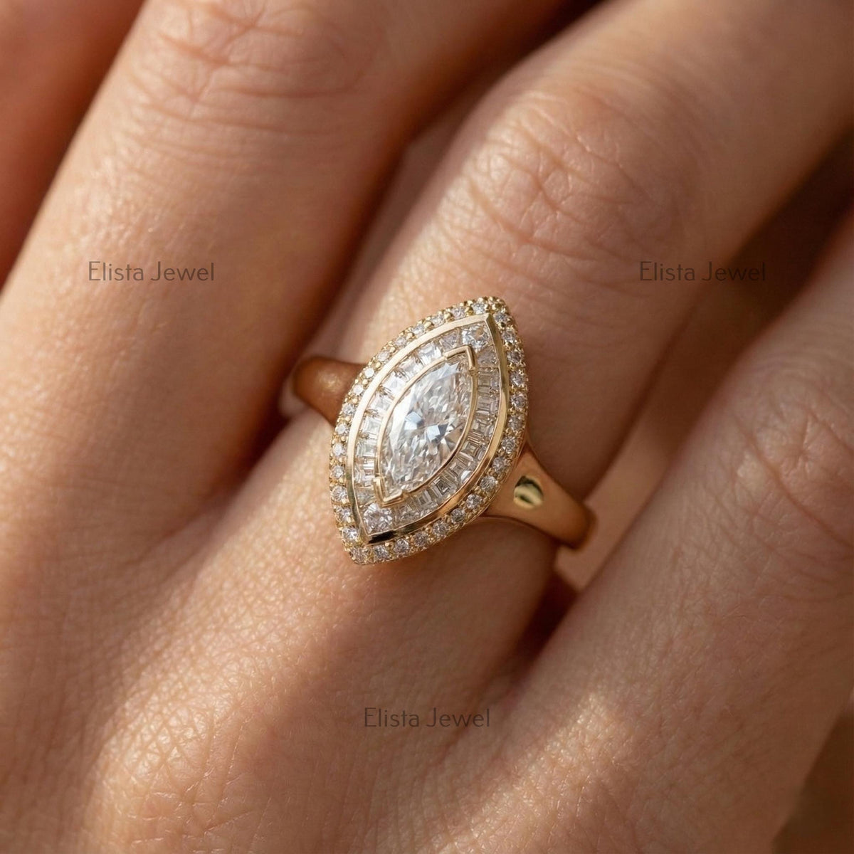 Marquise Lab-Grown Diamond Double Halo Ring, 10K Yellow Gold Art Deco Cocktail Statement