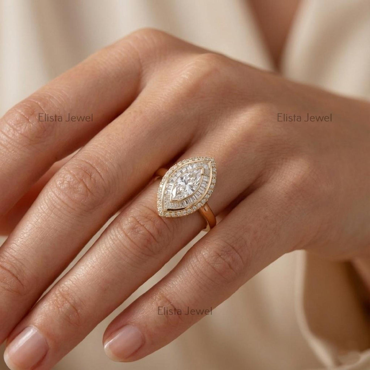 Marquise Lab-Grown Diamond Double Halo Ring, 10K Yellow Gold Art Deco Cocktail Statement