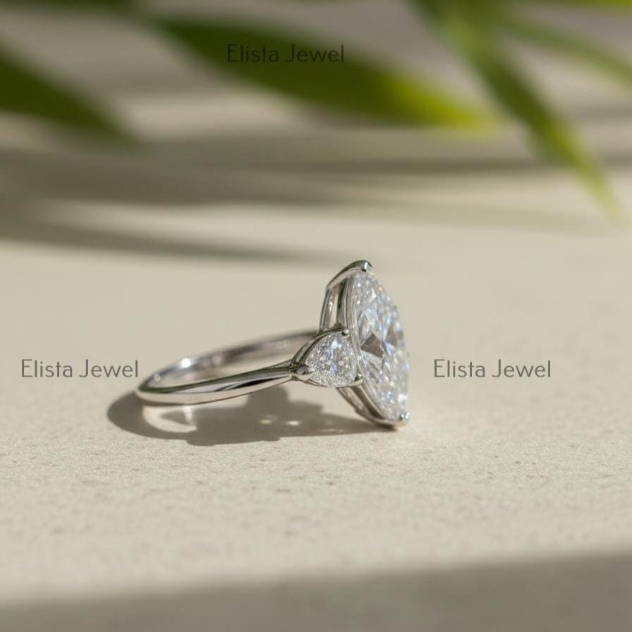 Marquise Lab-Grown Diamond Engagement Ring, Pear Side Stones, 10K White Gold