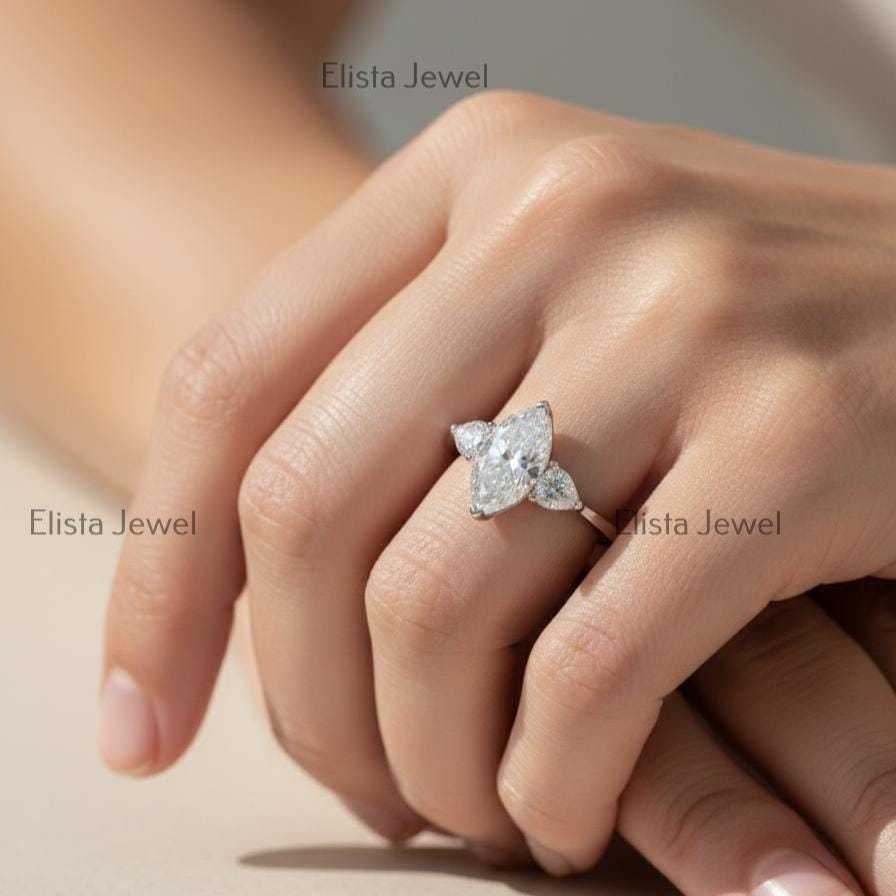Marquise Lab-Grown Diamond Engagement Ring, Pear Side Stones, 10K White Gold
