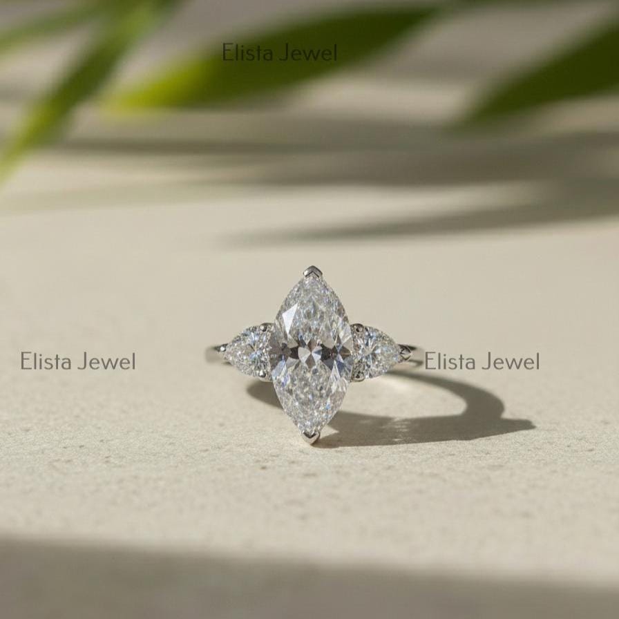 Marquise Lab-Grown Diamond Engagement Ring, Pear Side Stones, 10K White Gold