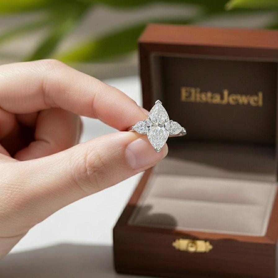 Marquise Lab-Grown Diamond Engagement Ring, Pear Side Stones, 10K White Gold
