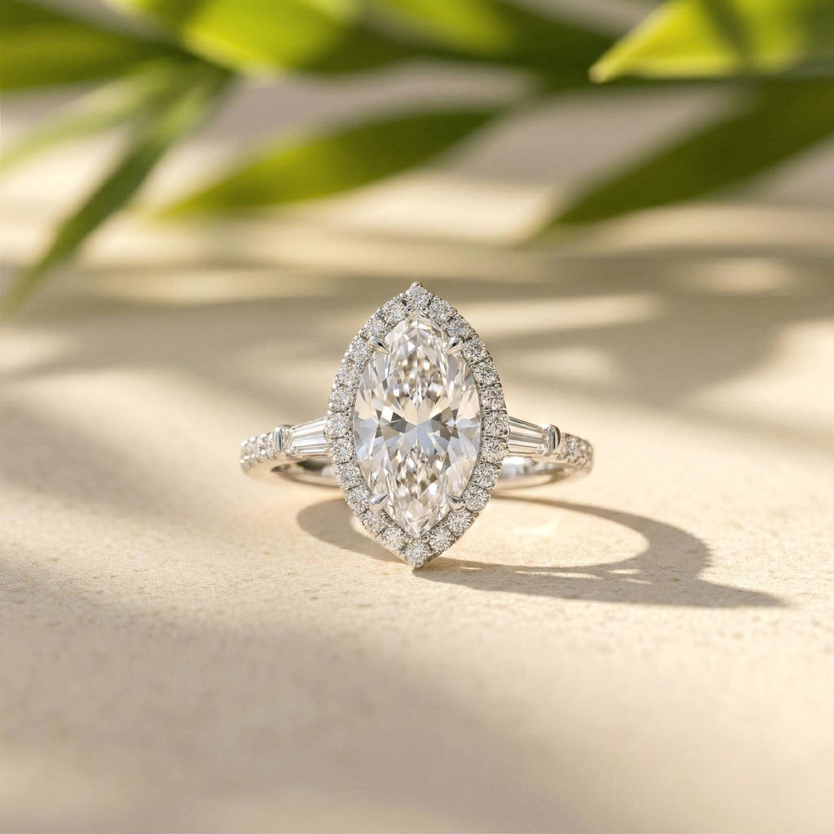 Marquise Lab Grown Diamond Halo Engagement Ring with Baguette Side Stones