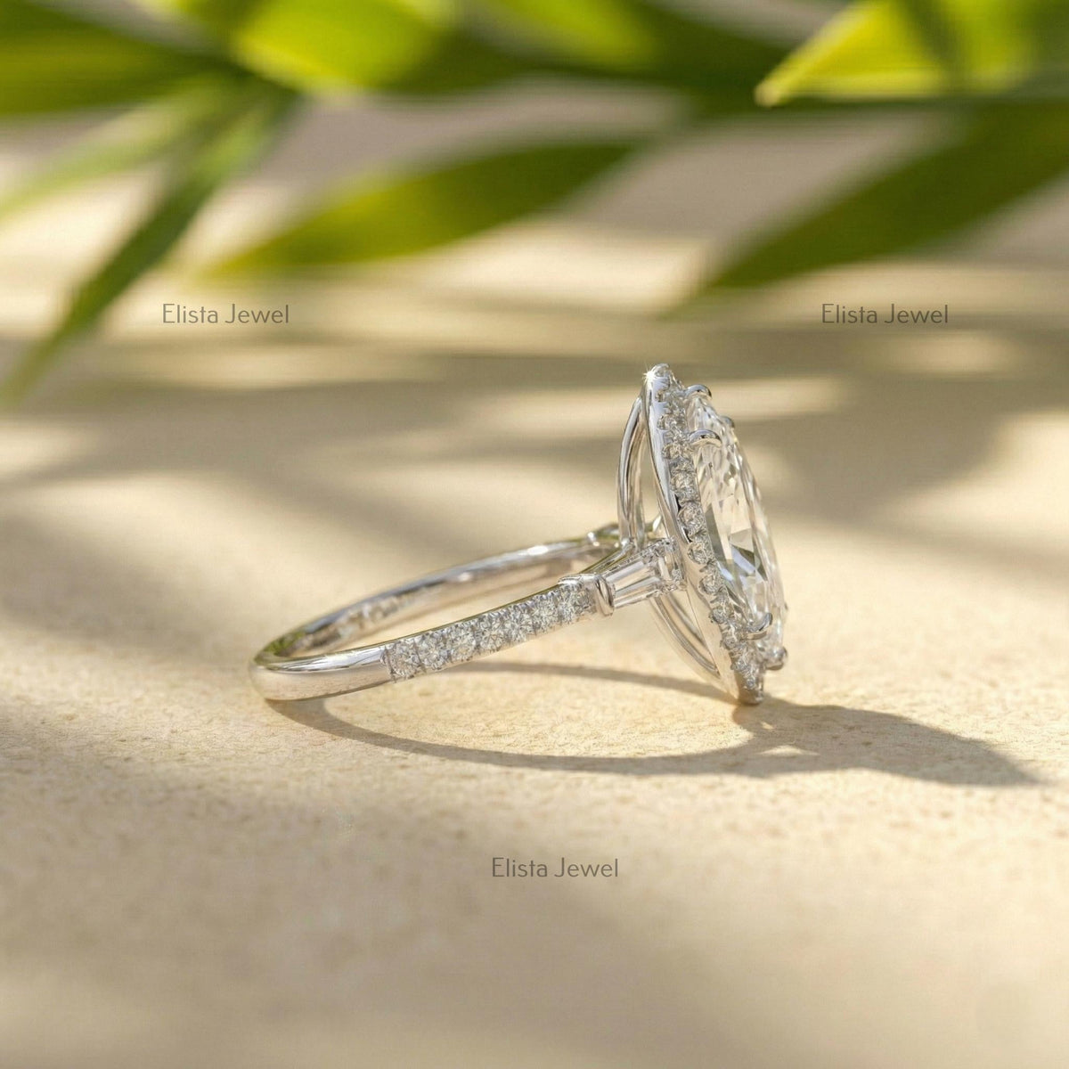 Marquise Lab Grown Diamond Halo Engagement Ring with Baguette Side Stones