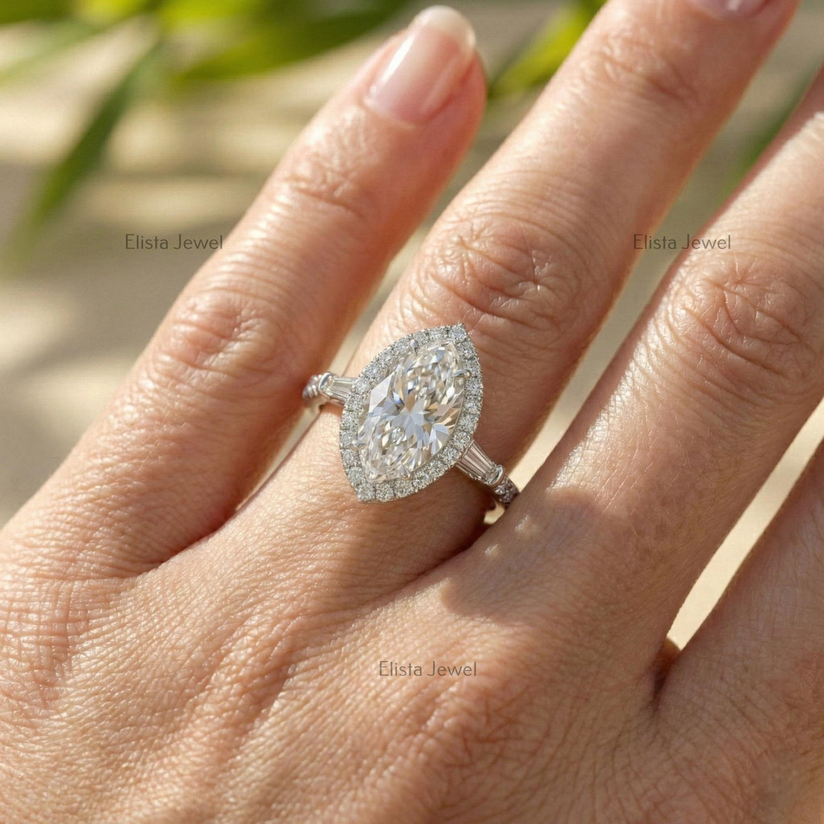 Marquise Lab Grown Diamond Halo Engagement Ring with Baguette Side Stones