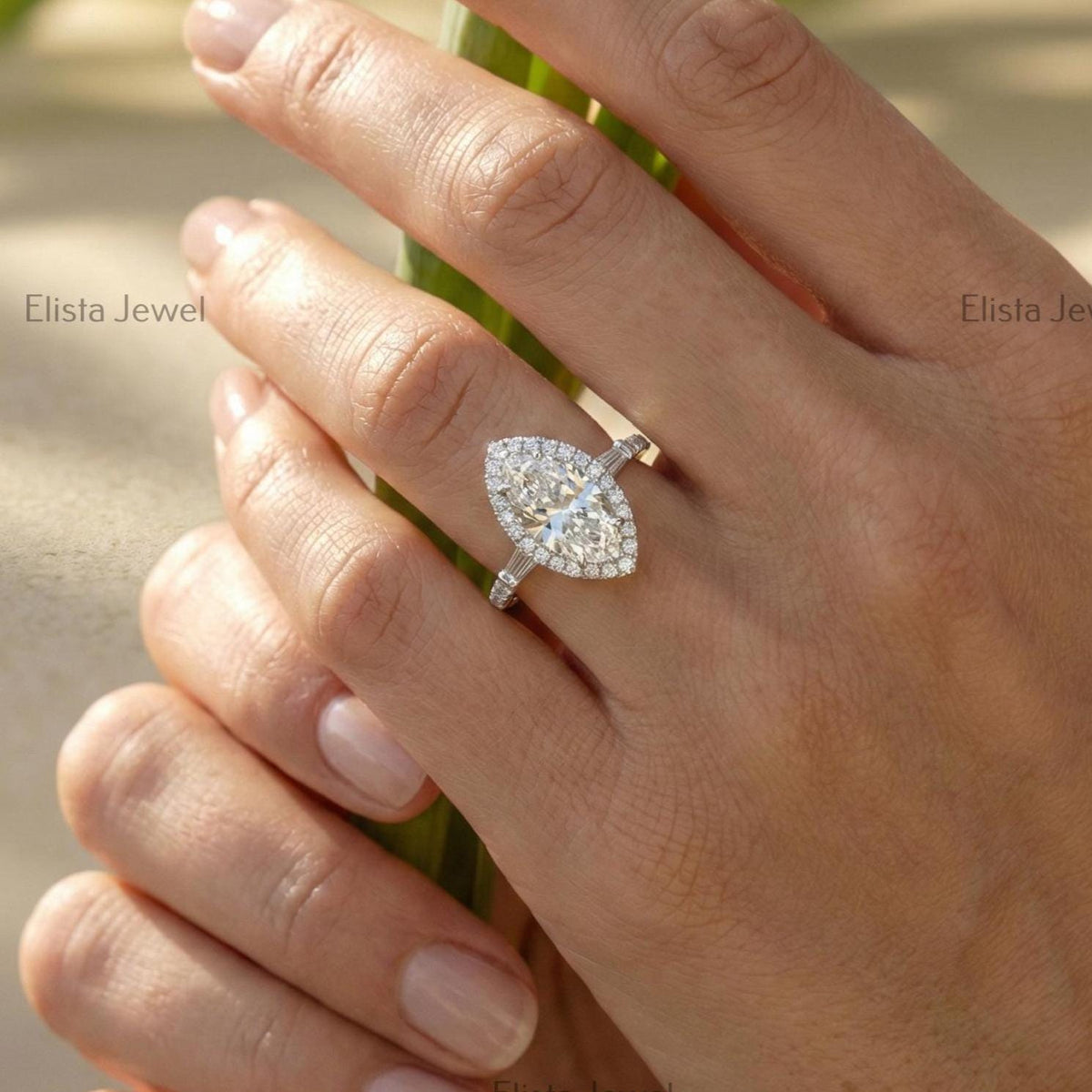 Marquise Lab Grown Diamond Halo Engagement Ring with Baguette Side Stones