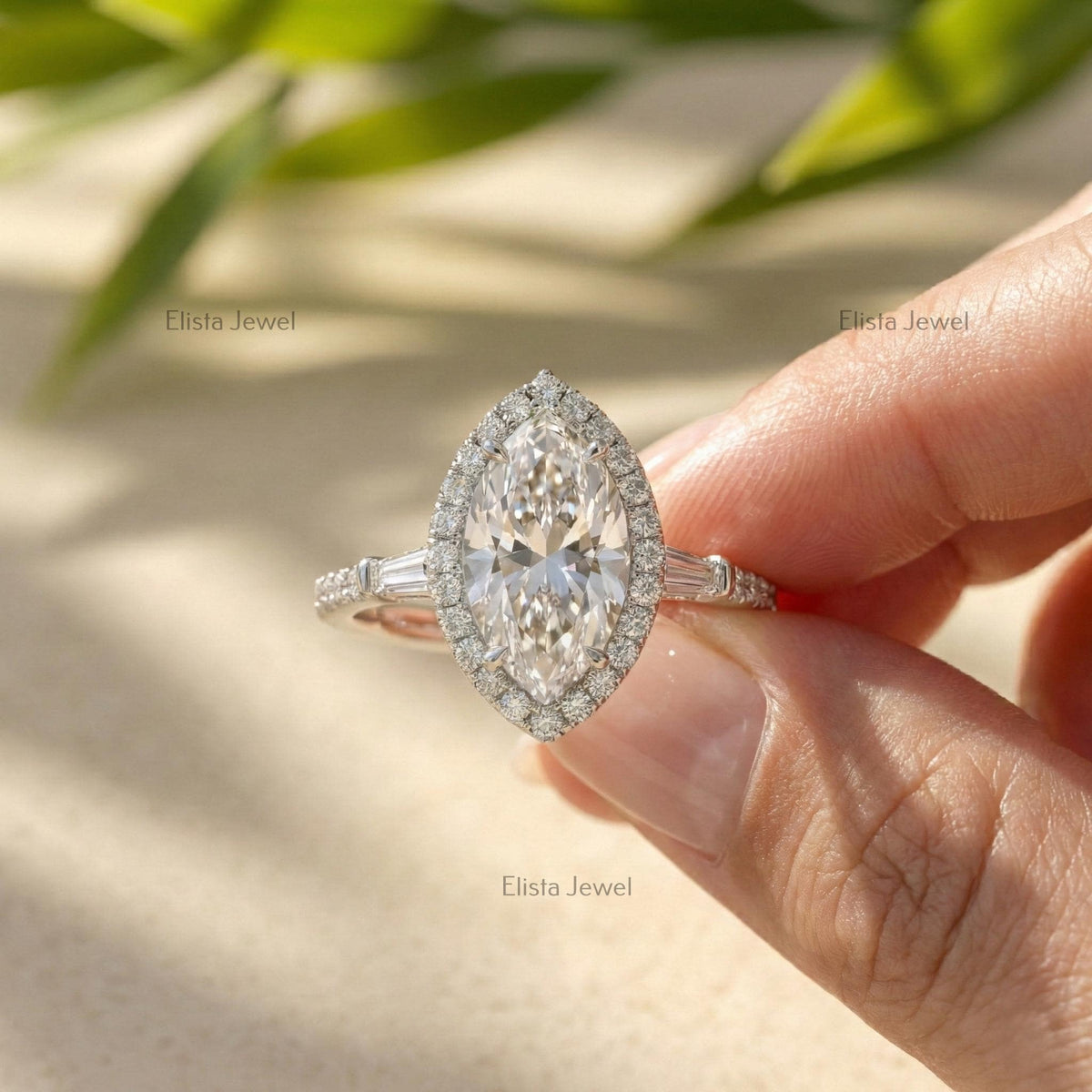 Marquise Lab Grown Diamond Halo Engagement Ring with Baguette Side Stones