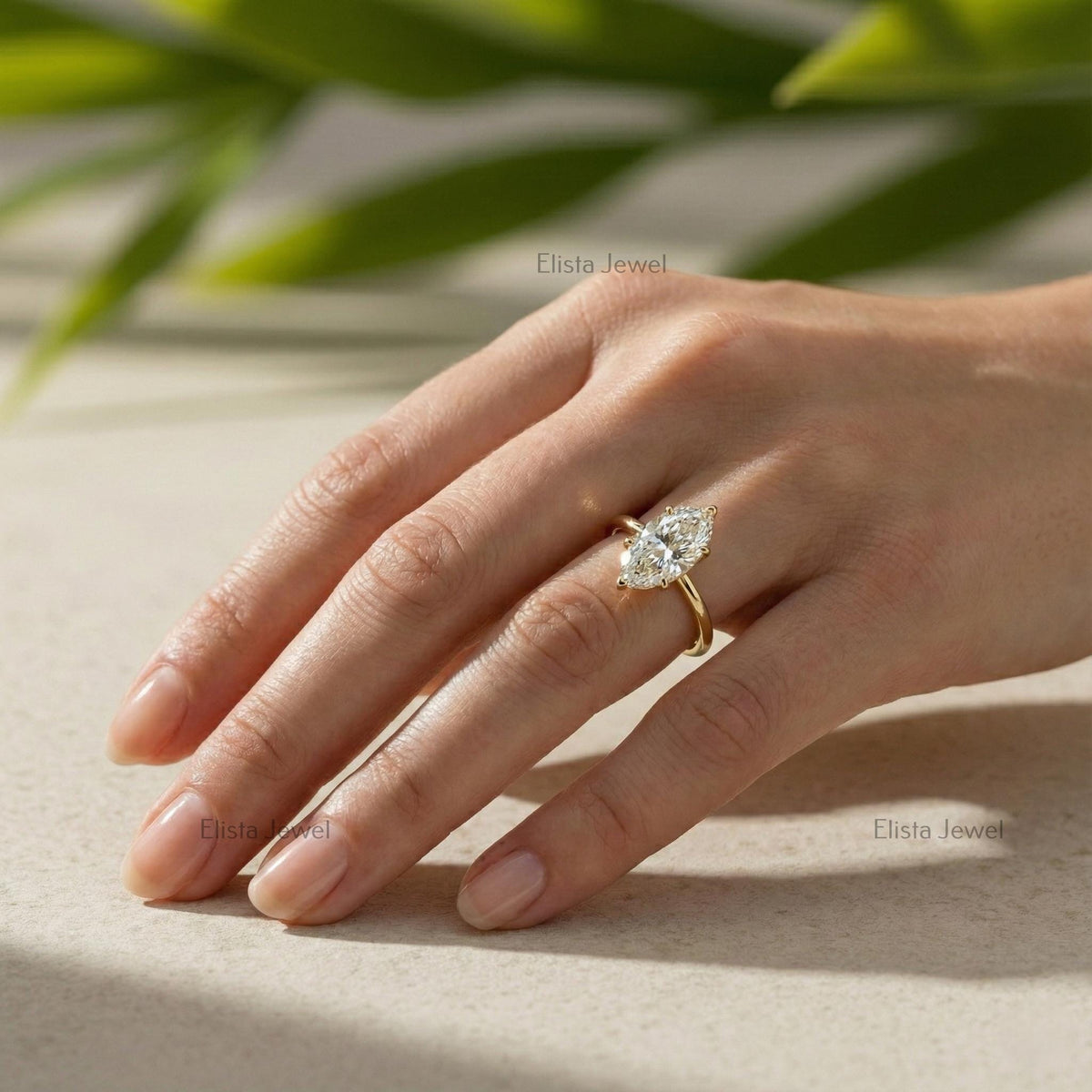 Marquise Lab Grown Diamond Solitaire Ring, Yellow Gold Botanical Setting