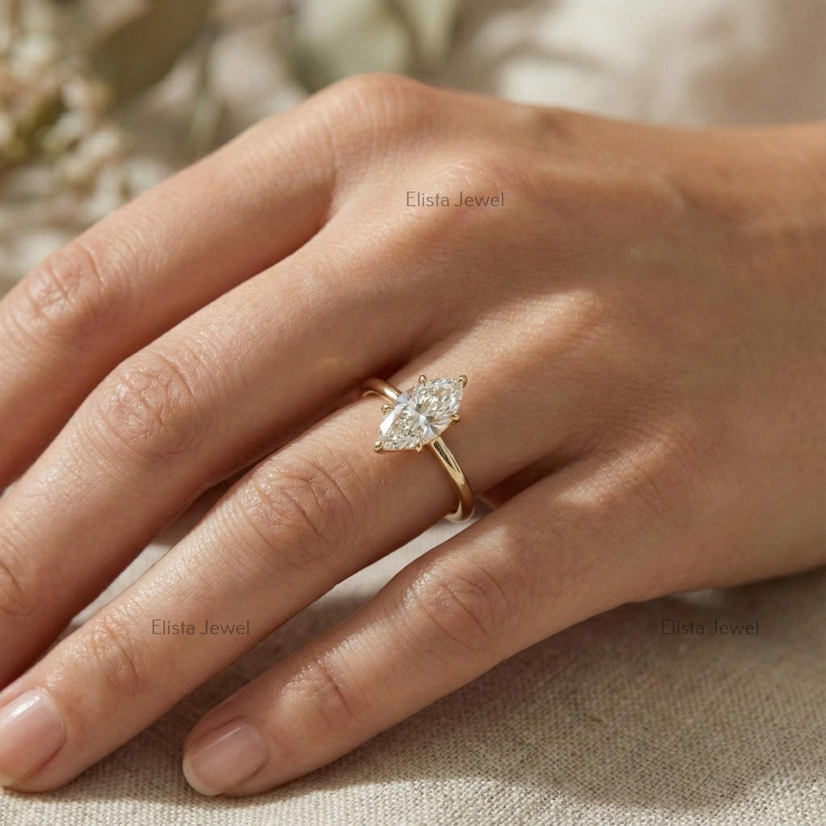 Marquise Lab Grown Diamond Solitaire Ring, Yellow Gold Botanical Setting