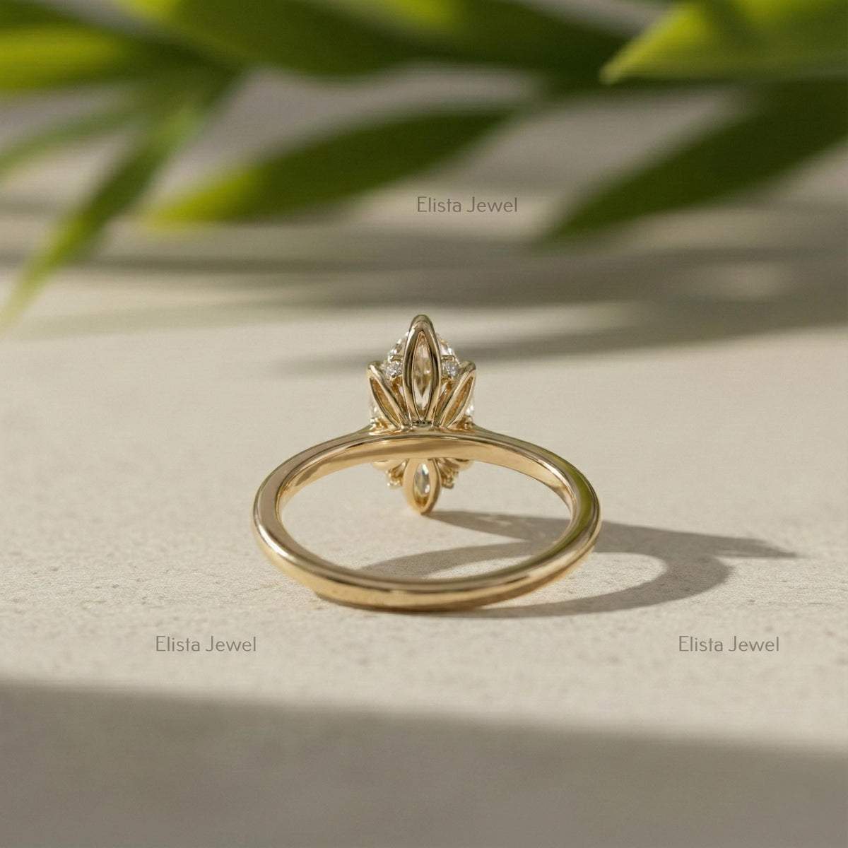 Marquise Lab Grown Diamond Solitaire Ring, Yellow Gold Botanical Setting