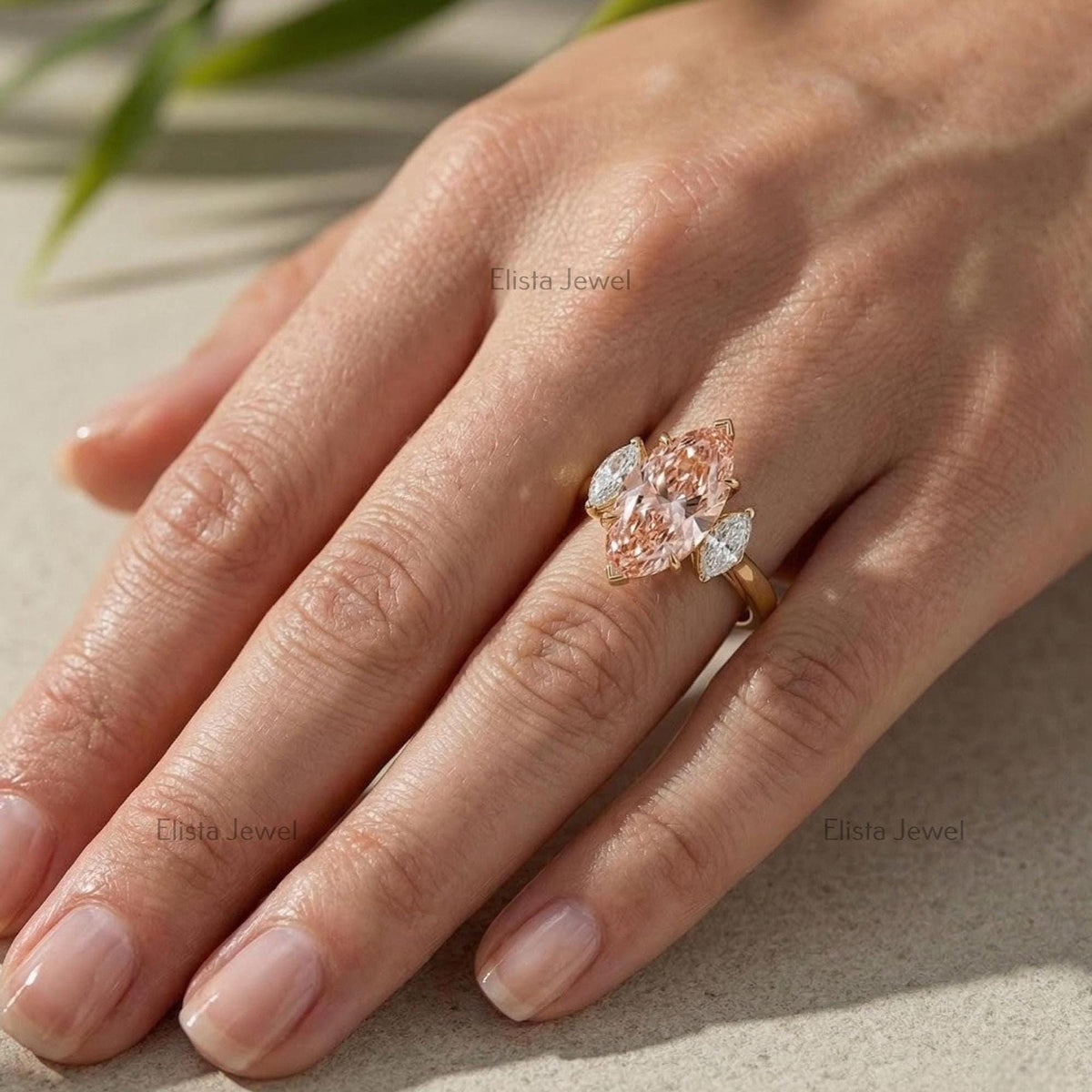 Marquise Lab Grown Diamond Three Stone Ring, Peach-Pink, Yellow Gold, IGI Certified