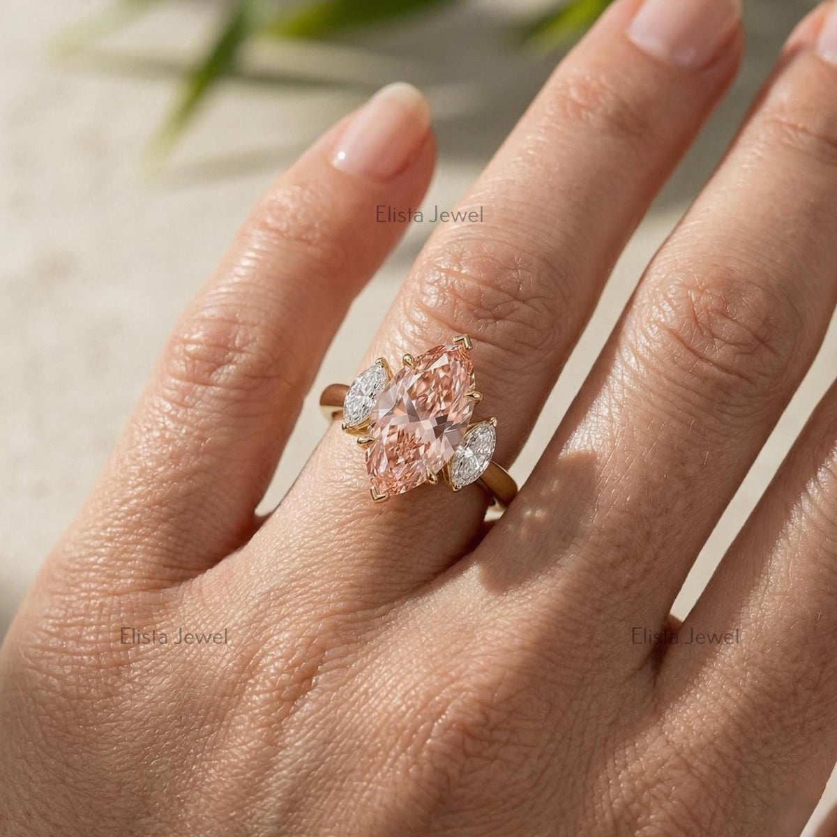 Marquise Lab Grown Diamond Three Stone Ring, Peach-Pink, Yellow Gold, IGI Certified