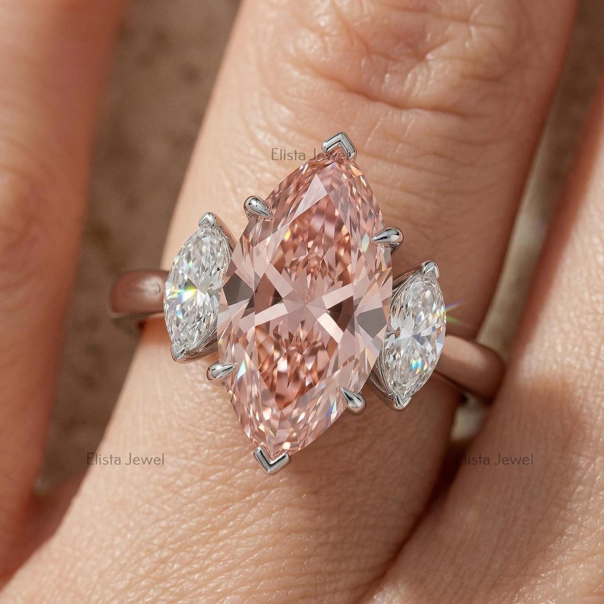 Marquise Lab Grown Diamond Three Stone Ring, Peach-Pink, Yellow Gold, IGI Certified