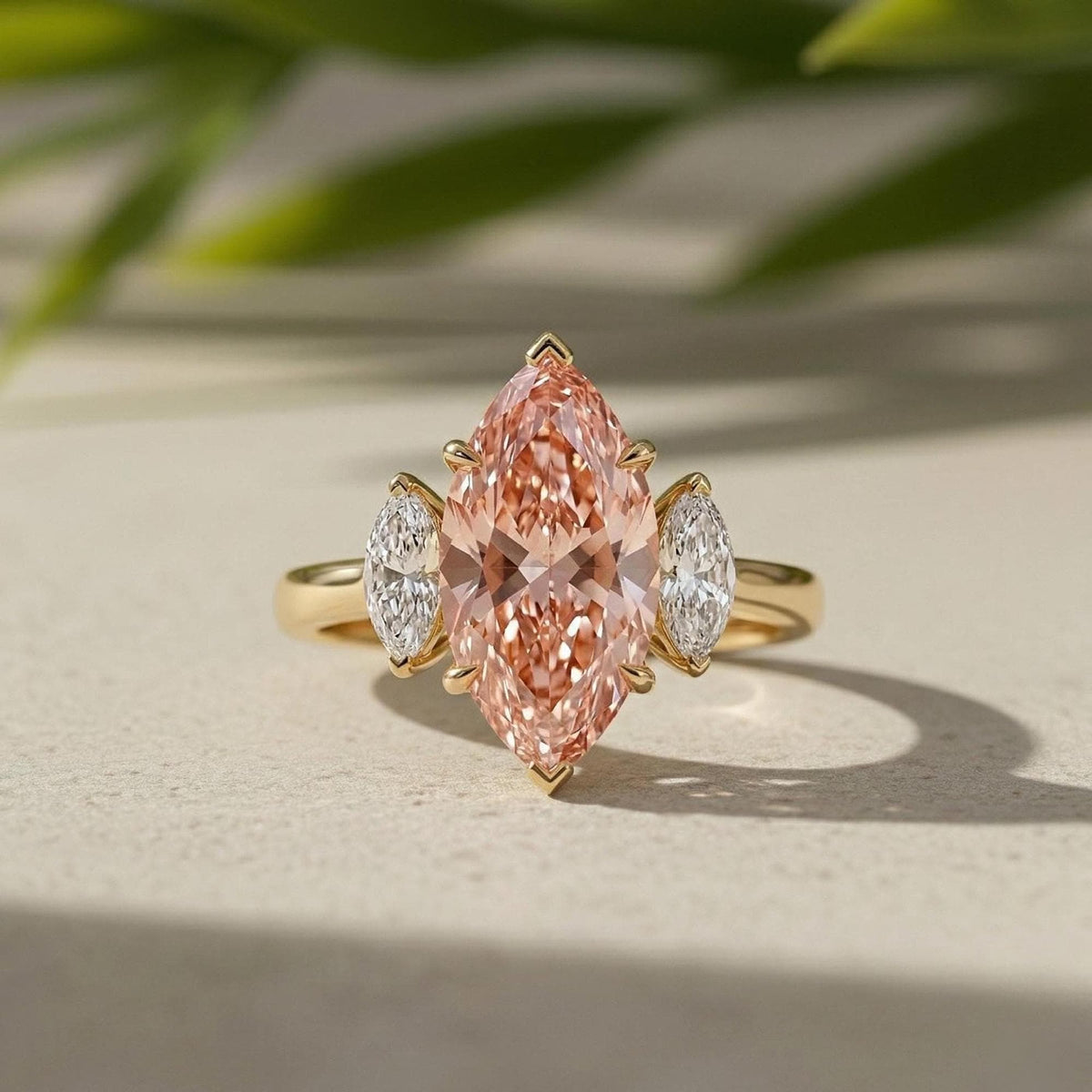 Marquise Lab Grown Diamond Three Stone Ring, Peach-Pink, Yellow Gold, IGI Certified