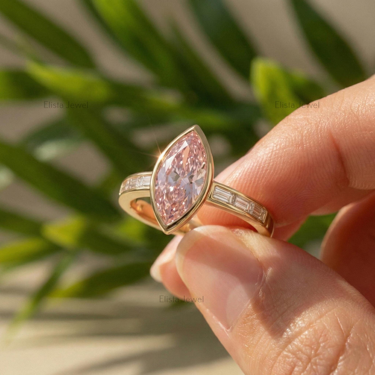 Marquise Pink Lab-Grown Diamond Engagement Ring, 14K Yellow Gold, Baguette Accents