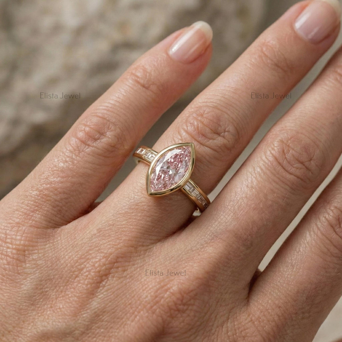 Marquise Pink Lab-Grown Diamond Engagement Ring, 14K Yellow Gold, Baguette Accents