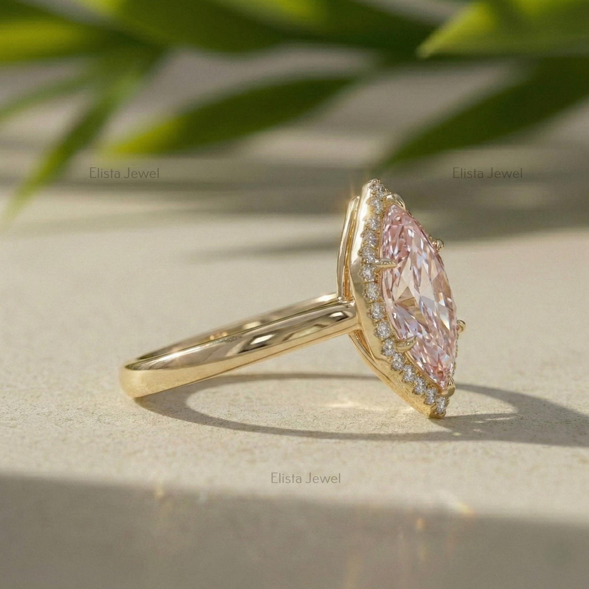 Marquise Pink Lab Grown Diamond Halo Engagement Ring In 14K Solid Yellow Gold