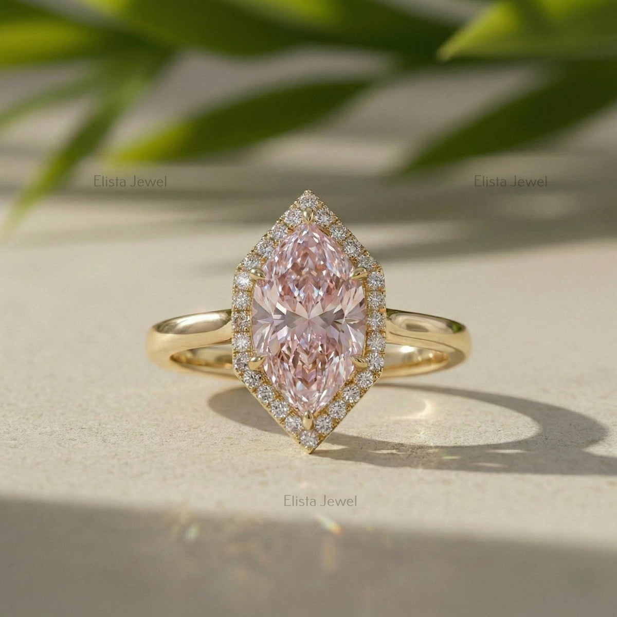 Marquise Pink Lab Grown Diamond Halo Engagement Ring In 14K Solid Yellow Gold