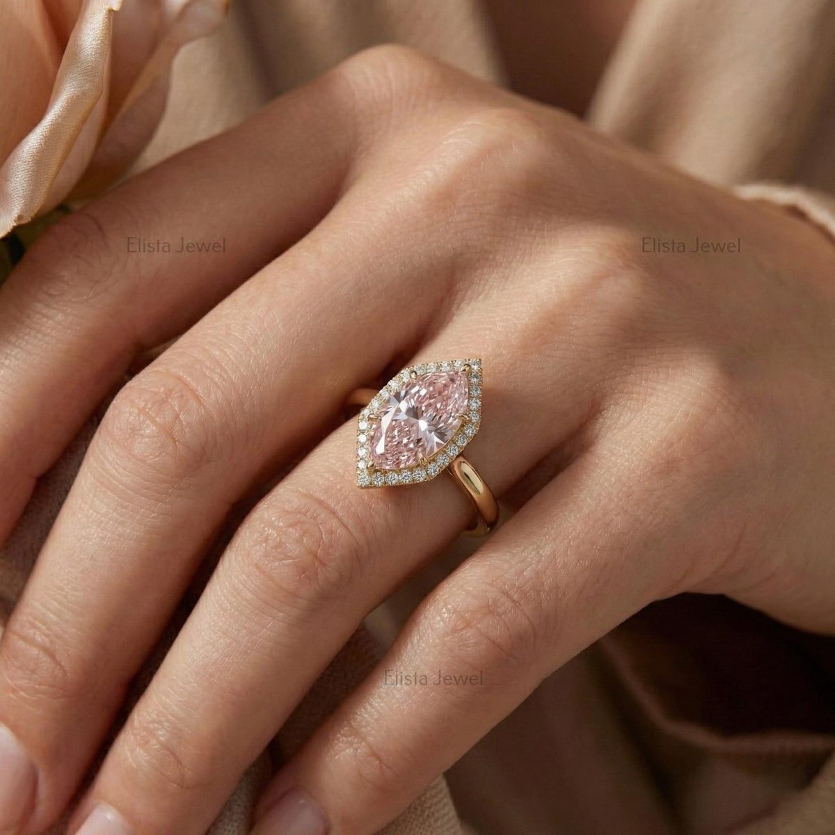 Marquise Pink Lab Grown Diamond Halo Engagement Ring In 14K Solid Yellow Gold