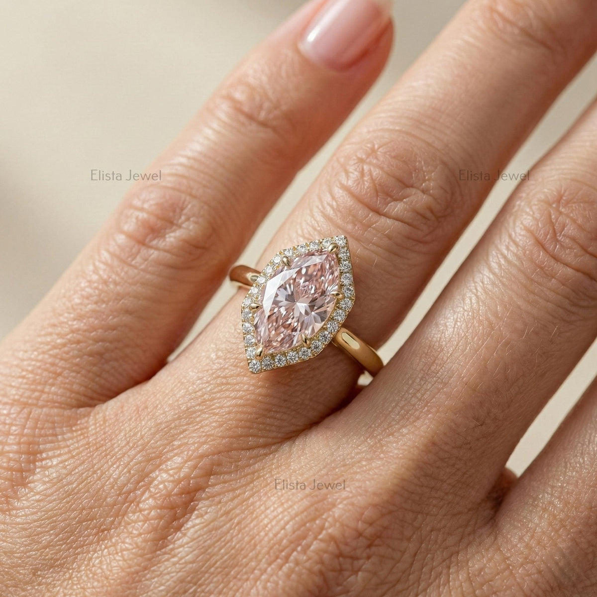 Marquise Pink Lab Grown Diamond Halo Engagement Ring In 14K Solid Yellow Gold