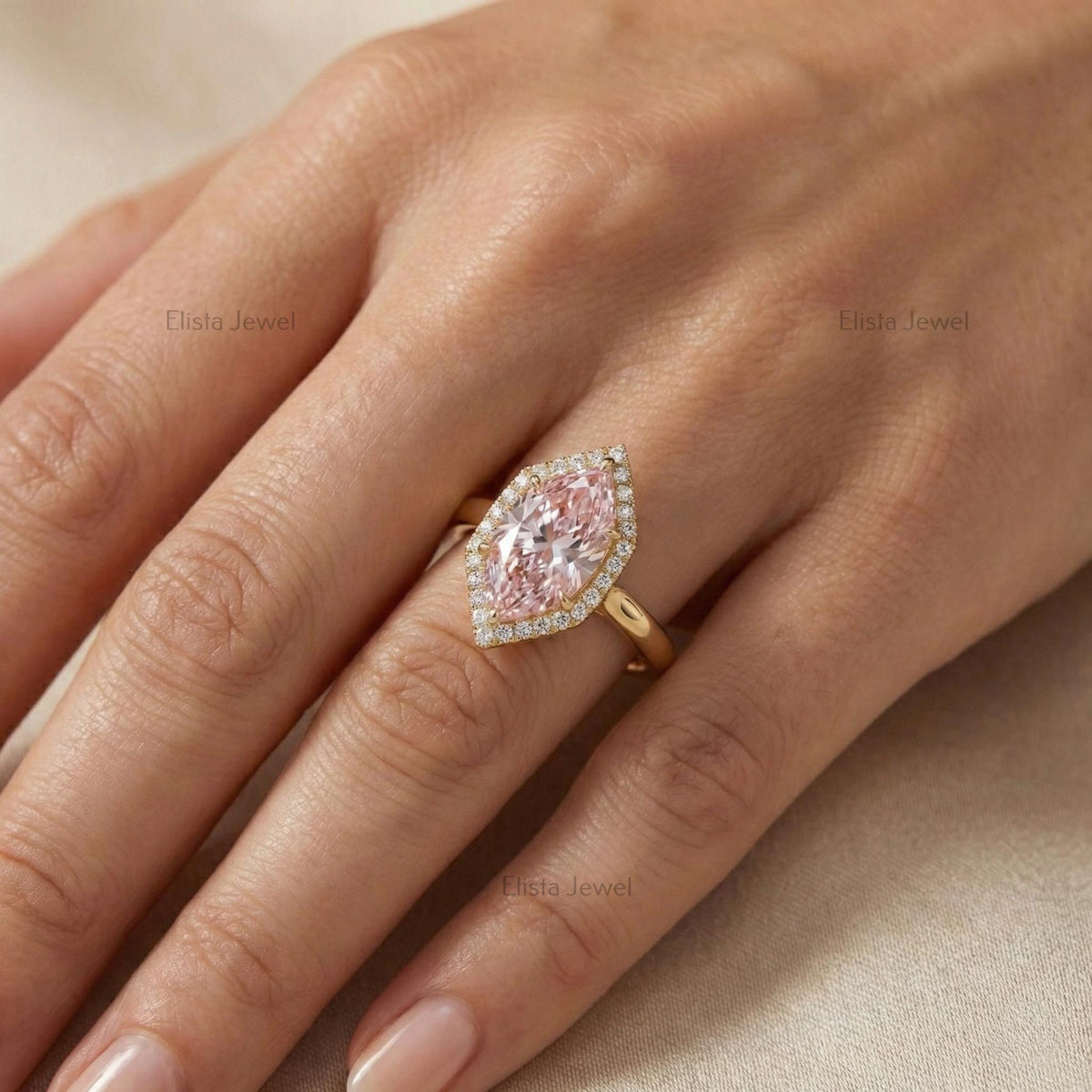 Marquise Pink Lab Grown Diamond Halo Engagement Ring In 14K Solid Yellow Gold