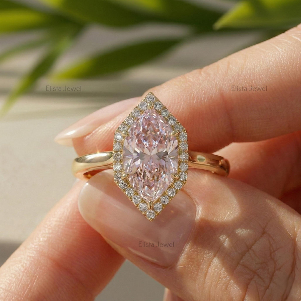 Marquise Pink Lab Grown Diamond Halo Engagement Ring In 14K Solid Yellow Gold