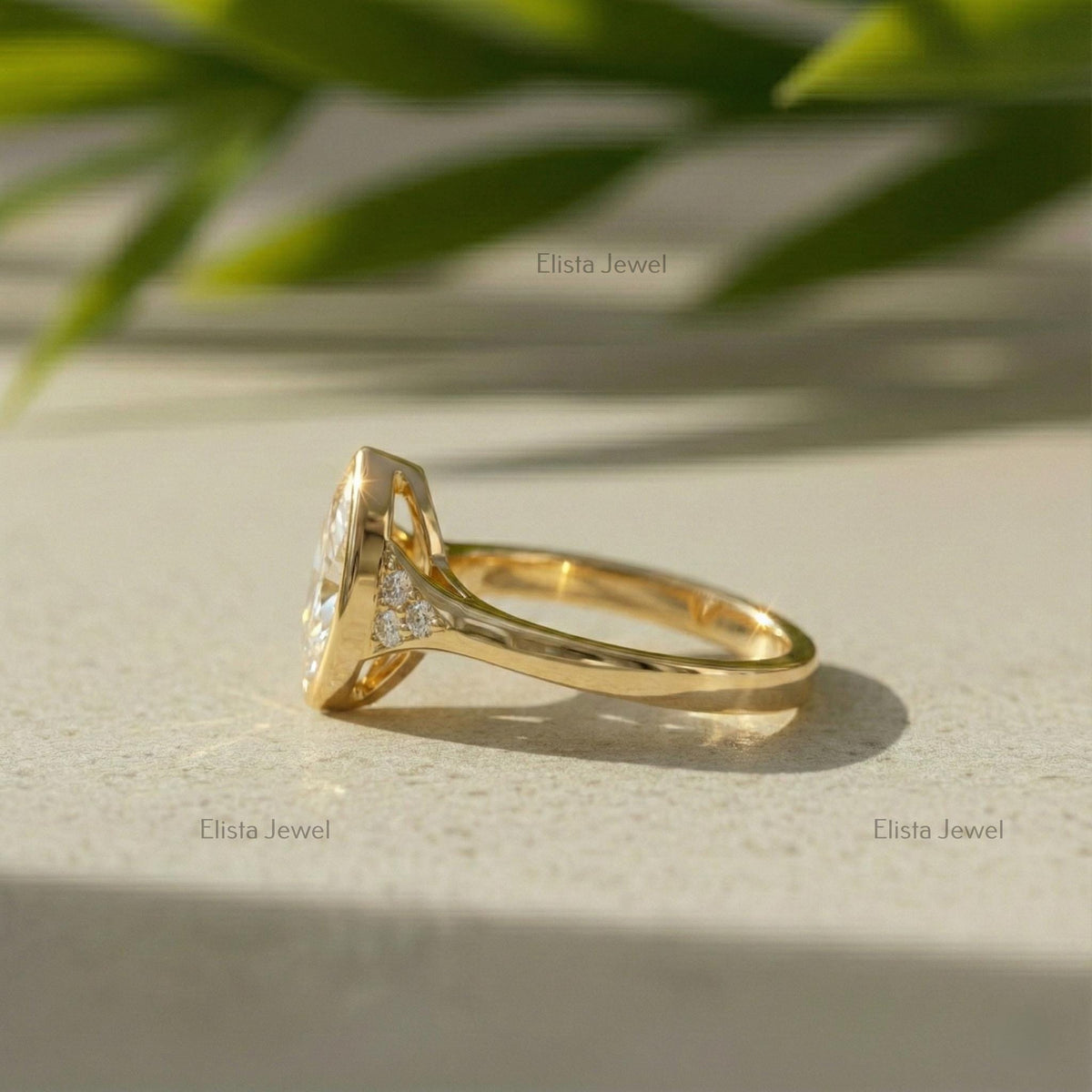 Marquise Ring Lab Diamond Engagement, 18K Yellow Gold Beze Set Accent Stones