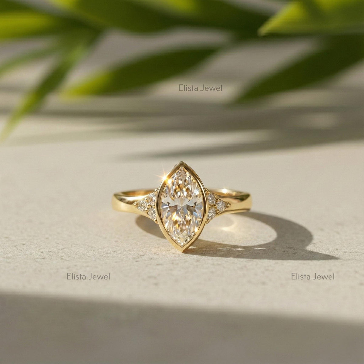 Marquise Ring Lab Diamond Engagement, 18K Yellow Gold Beze Set Accent Stones