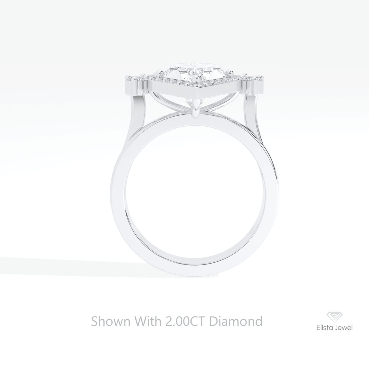 Matching Lab Grown Diamond Band With Kite Cut Halo Lab Grown Diamond Ring in 18K White Gold - Close-up View