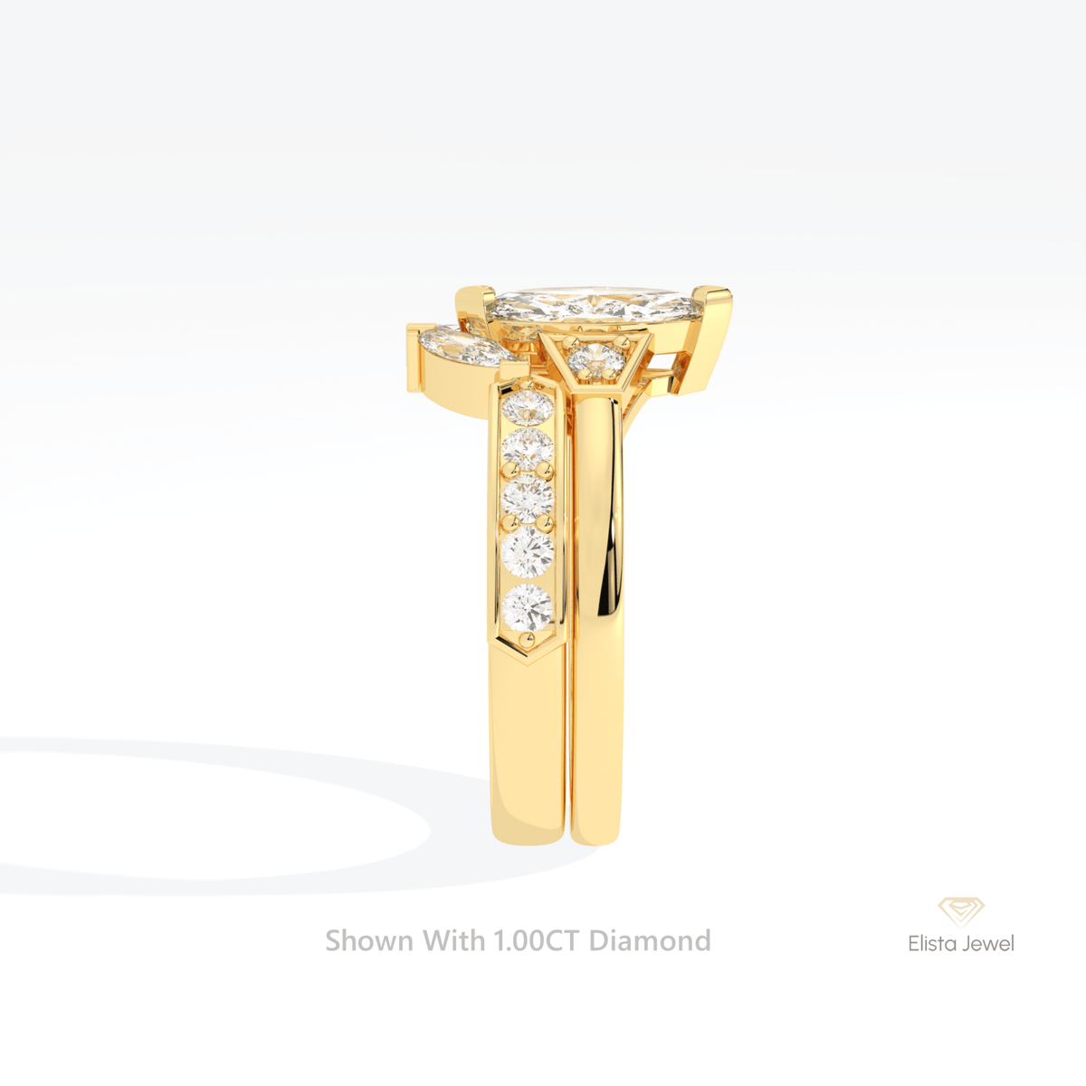 Matching Lab Grown Diamond Band With Marquise Cut Three Stone Lab Grown Diamond Ring Set in 14K White Gold - Top View