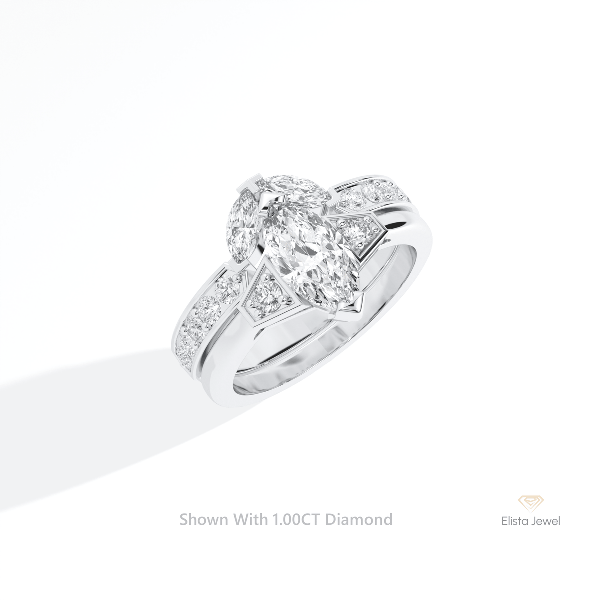 Matching Lab Grown Diamond Band With Marquise Cut Three Stone Lab Grown Diamond Ring Set in 14K Rose Gold - Profile View