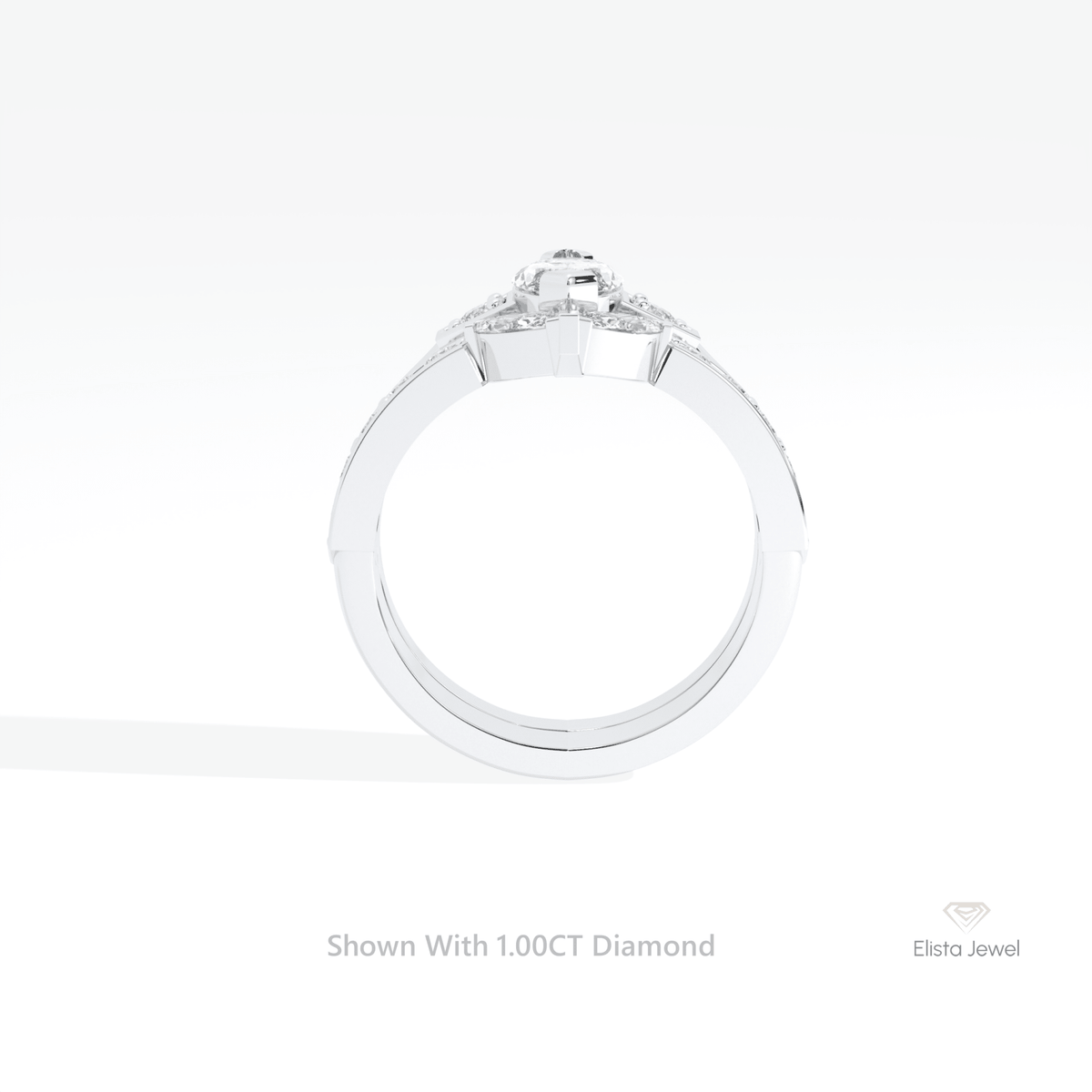 Matching Lab Grown Diamond Band With Marquise Cut Three Stone Lab Grown Diamond Ring Set in 18K White Gold - Close-up View