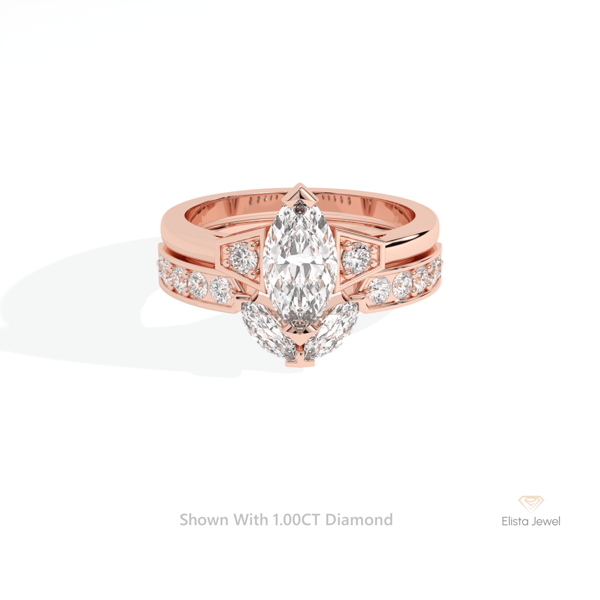 Matching Lab Grown Diamond Band With Marquise Cut Three Stone Lab Grown Diamond Ring Set in 18K Rose Gold - Ring on Hand View
