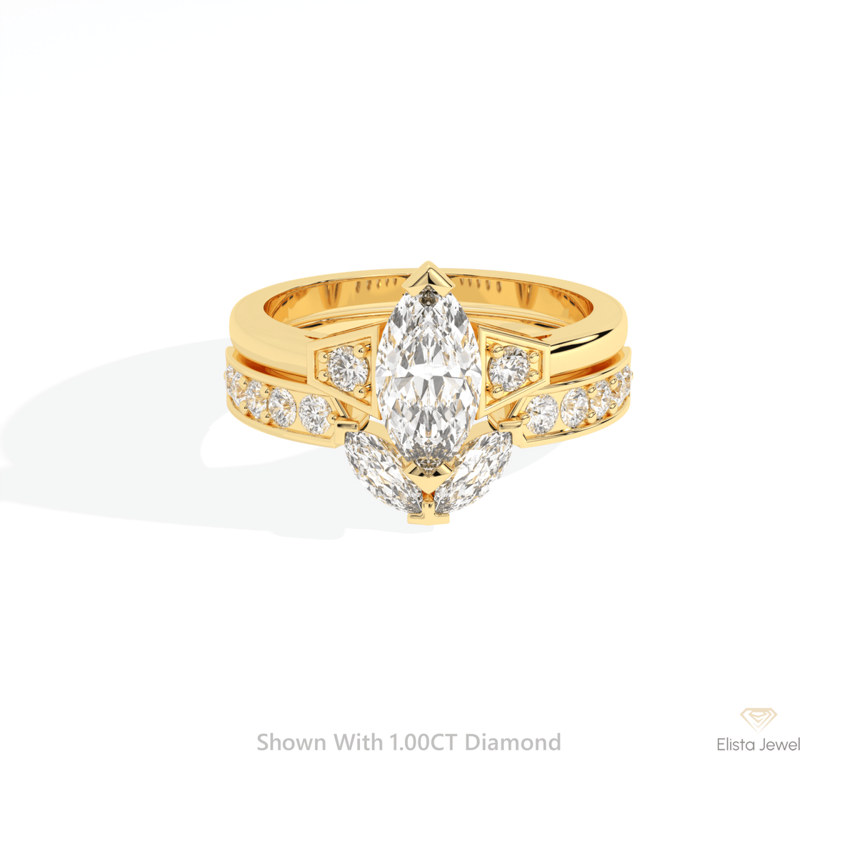 Matching Lab Grown Diamond Band With Marquise Cut Three Stone Lab Grown Diamond Ring Set in 10K White Gold - Front View